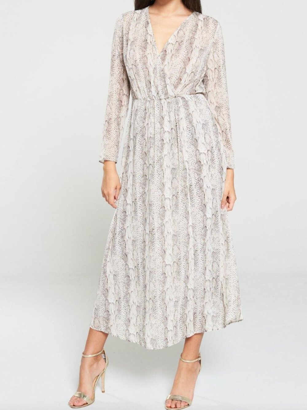 Mango White & Beige Snakeskin Print Midi Dress With Long Sleeves